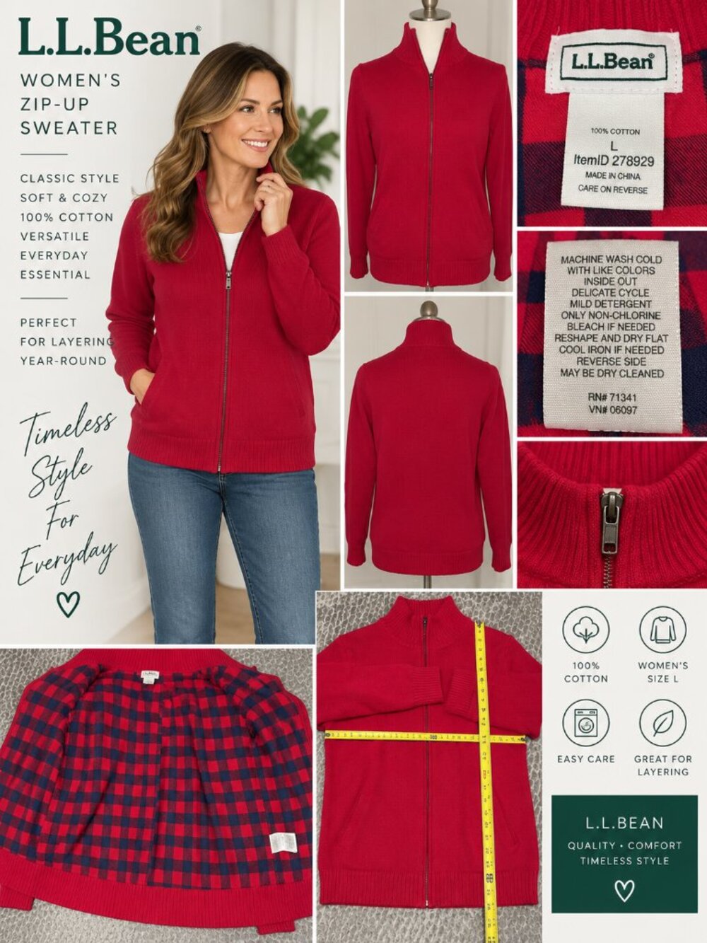 L.L.Bean Women’s L Red 100% Cotton Full Zip Sweater Buffalo Plaid Lined